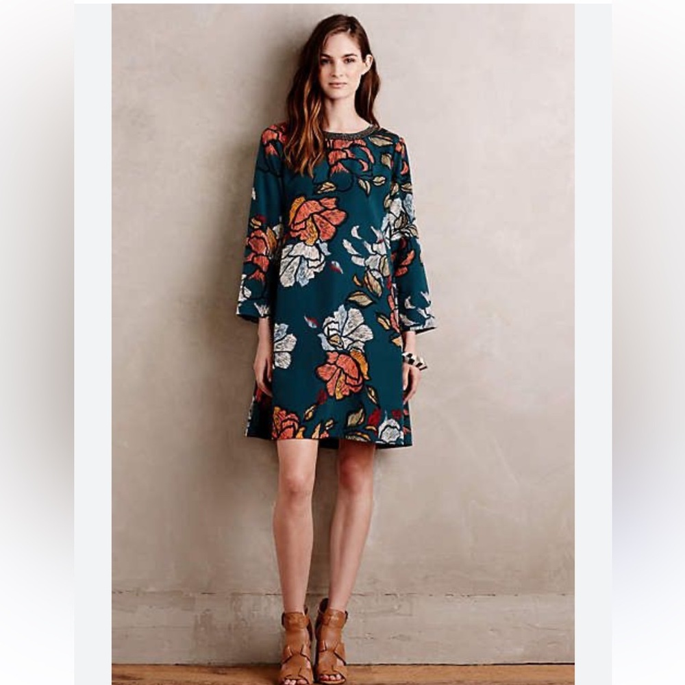 ANTHROPOLOGIE MAEVE SKETCHED PEONIES FLORAL PRINT‎ BEADED NECK SWING DRESS